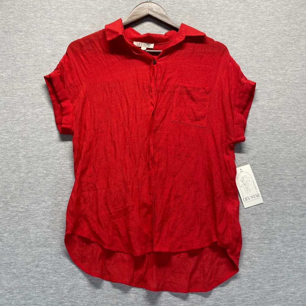 Lily Star Blouse Top Womens Large Red Rayon High Low Hem Collared Button Front